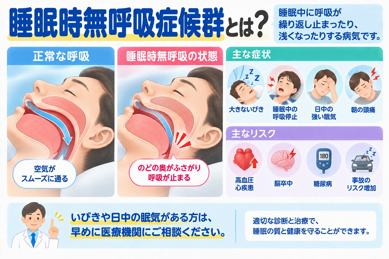 睡眠時無呼吸症候群の症状やリスクを解説したインフォグラフィック。正常な呼吸と睡眠中に気道が狭くなった状態を比較し、大きないびき、睡眠中の呼吸停止、日中の強い眠気、朝の頭痛などの症状と、高血圧・心疾患・脳卒中などとの関連を紹介