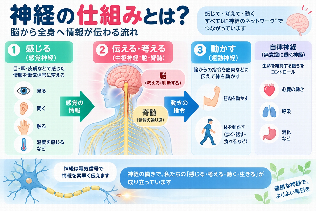 神経の仕組みと脳から全身へ情報が伝わる流れを解説した医療インフォグラフィック。感覚神経が目・耳・皮膚などから情報を伝え、脳や脊髄が処理し、運動神経が筋肉へ指令を送る仕組みを図解。自律神経による心拍・呼吸・消化の調節や、神経細胞による電気信号の伝達も紹介。