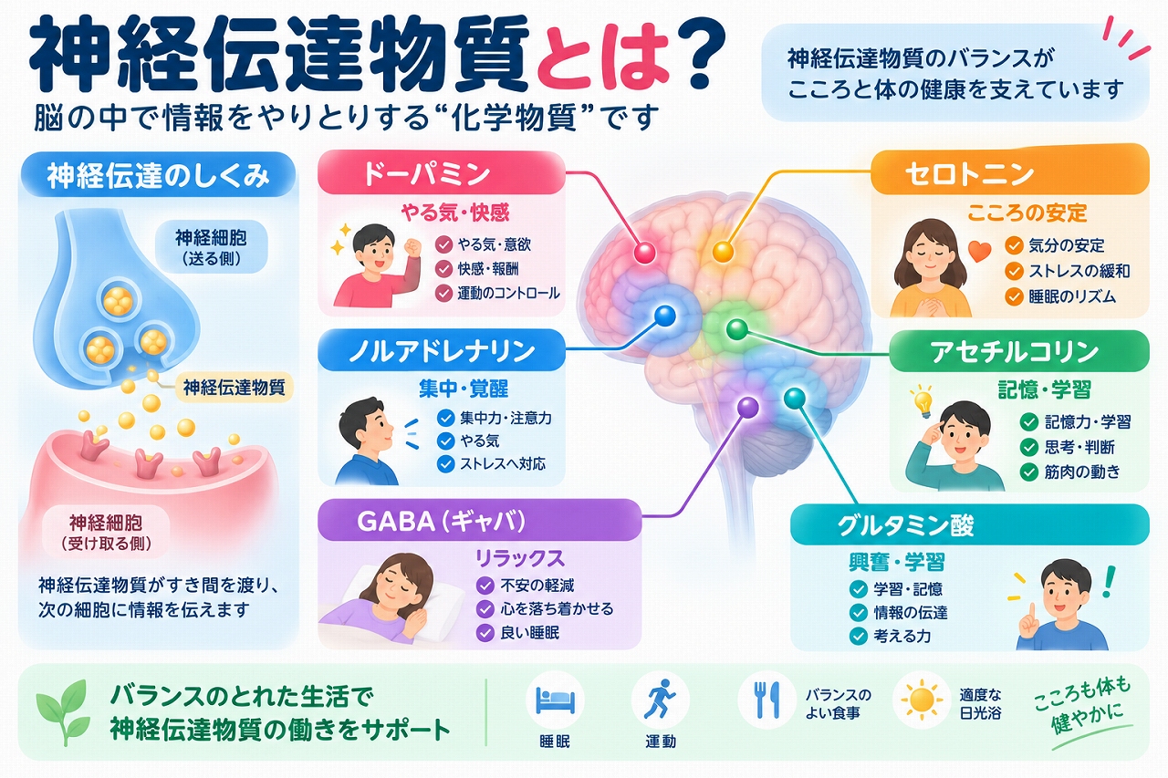 神経伝達物質の仕組みと主な種類を解説した医療インフォグラフィック。神経細胞のシナプスで情報が伝わる仕組みと、ドーパミンの意欲・報酬、セロトニンの気分調節、ノルアドレナリンの覚醒・注意、アセチルコリンの記憶・学習、GABAの神経活動抑制、グルタミン酸の興奮性神経伝達などの役割を図解。