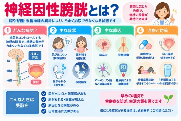 神経因性膀胱の仕組みや症状、原因、治療法を解説した医療インフォグラフィック。脳・脊髄・末梢神経と膀胱の関係を示し、排尿困難、残尿感、尿失禁、頻尿などの症状を紹介。脳卒中、脊髄損傷、パーキンソン病、糖尿病性神経障害などの原因と、薬物療法、自己導尿、骨盤底筋訓練などの治療法を図解。