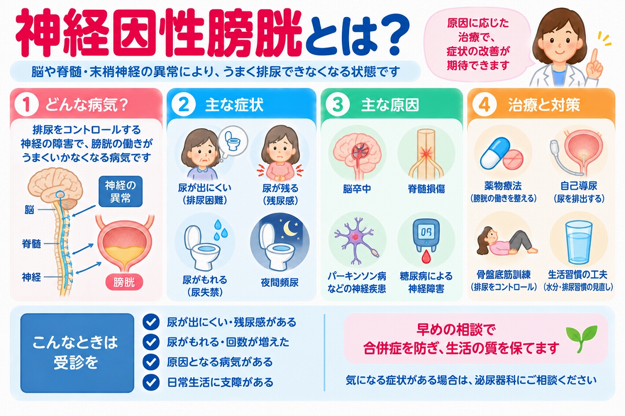 神経因性膀胱の仕組みや症状、原因、治療法を解説した医療インフォグラフィック。脳・脊髄・末梢神経と膀胱の関係を示し、排尿困難、残尿感、尿失禁、頻尿などの症状を紹介。脳卒中、脊髄損傷、パーキンソン病、糖尿病性神経障害などの原因と、薬物療法、自己導尿、骨盤底筋訓練などの治療法を図解。