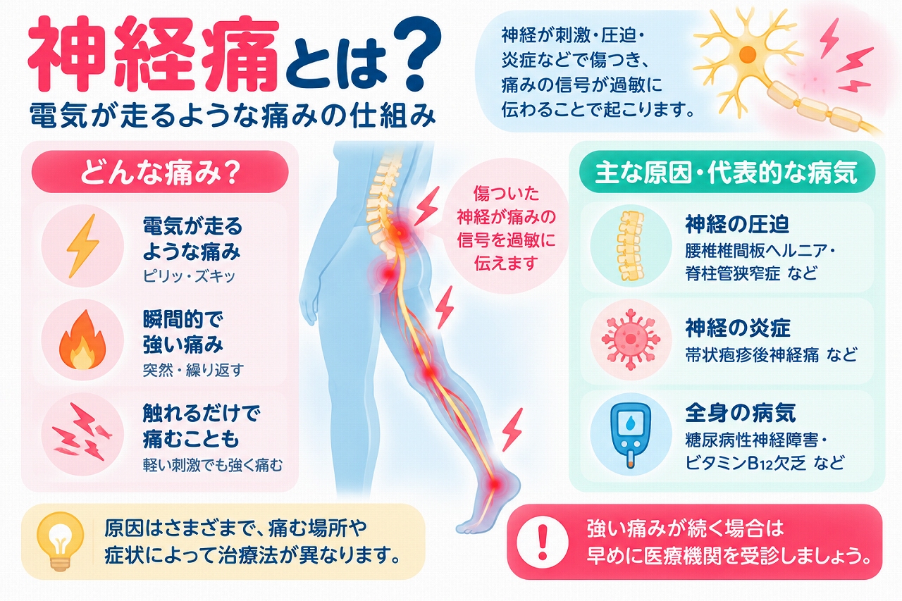 神経痛の仕組みや症状、原因を解説した医療インフォグラフィック。神経の圧迫や炎症、損傷などによって、電気が走るような痛み、ピリッとする鋭い痛み、触れるだけで生じる痛みなどが現れる仕組みを図解。腰椎椎間板ヘルニア、脊柱管狭窄症、帯状疱疹後神経痛、糖尿病性神経障害、ビタミンB12欠乏などの関連疾患も紹介。