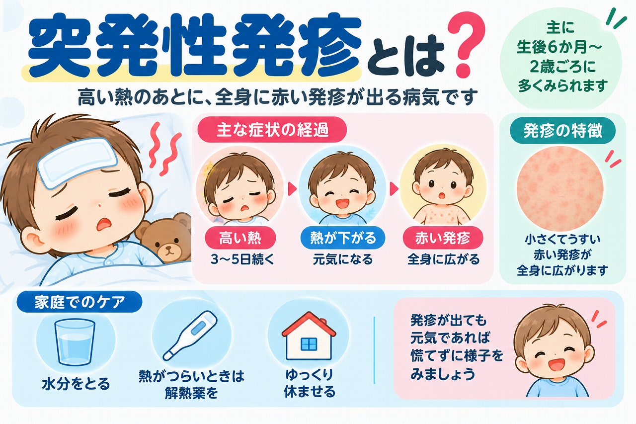 突発性発疹の主な症状と経過、家庭での対処法を解説した医療インフォグラフィック。乳幼児に多い感染症で、3〜5日程度の高熱が続き、熱が下がる頃に小さな赤い発疹が現れる様子をイラストで紹介。発疹の特徴や、水分補給、休養、解熱薬の適切な使用などの家庭でのケアを図解。