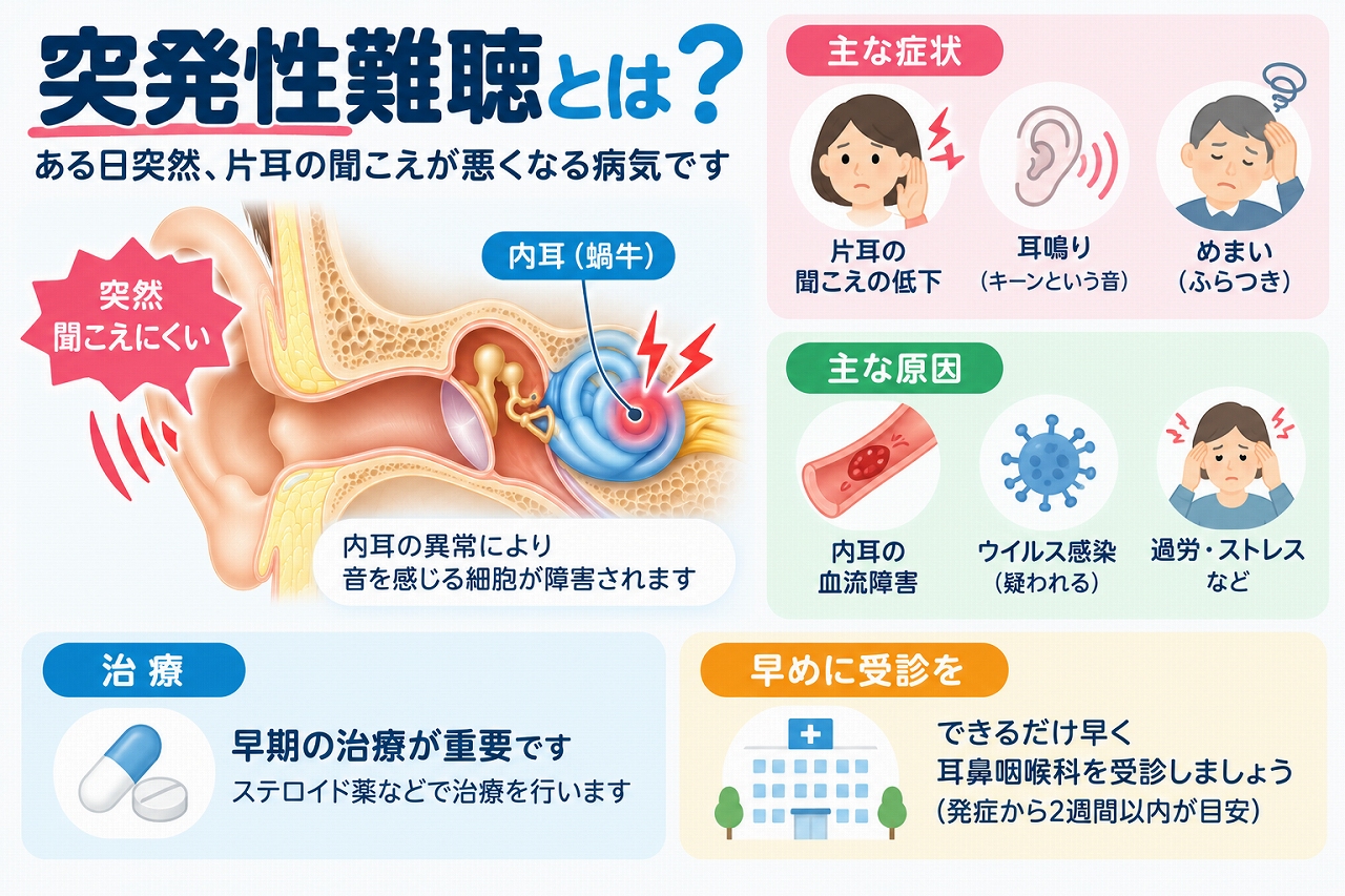 突発性難聴の症状や原因、治療を解説したインフォグラフィック。突然起こる片耳の聴力低下、耳鳴り、めまいなどの症状と、内耳の障害や血流障害などが関係すると考えられていること、早期受診・治療の重要性を紹介
