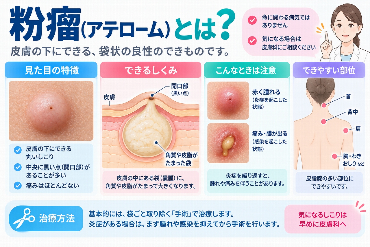 粉瘤（アテローム）とは、皮膚の下にできた袋状の構造に角質や皮脂などがたまってできる良性のしこりで、中央の黒い点や炎症による赤み・腫れ・痛み、できやすい部位を示した図