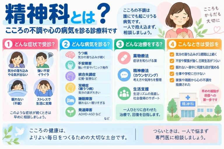 精神科で診療する症状や病気、治療方法、受診の目安を解説した医療インフォグラフィック。気分の落ち込み、強い不安、イライラ、不眠、ストレスによる生活への支障などの症状と、うつ病、不安症、統合失調症、双極症、睡眠障害、発達障害などの代表的な疾患を紹介。薬物療法、精神療法、生活支援などの治療方法と、専門医への相談が必要な状態を図解。