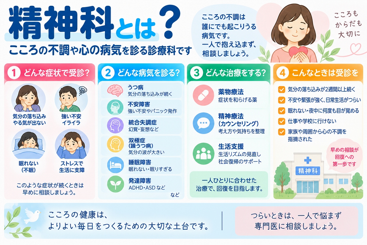 精神科で診療する症状や病気、治療方法、受診の目安を解説した医療インフォグラフィック。気分の落ち込み、強い不安、イライラ、不眠、ストレスによる生活への支障などの症状と、うつ病、不安症、統合失調症、双極症、睡眠障害、発達障害などの代表的な疾患を紹介。薬物療法、精神療法、生活支援などの治療方法と、専門医への相談が必要な状態を図解。