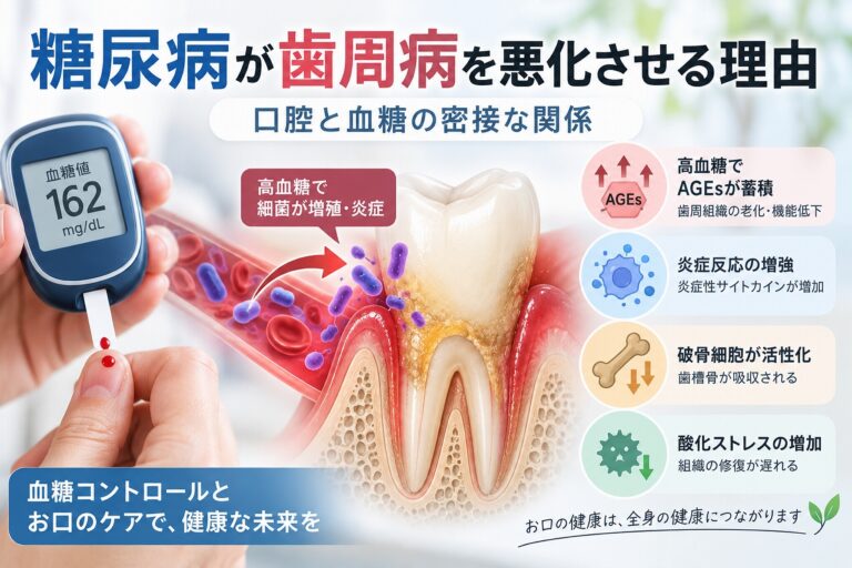 糖尿病による高血糖が歯周病を悪化させる4つのメカニズムを示した医療イラスト。AGEsの蓄積、炎症反応の増強、破骨細胞の活性化、酸化ストレスによる歯周組織の修復遅延を解説。