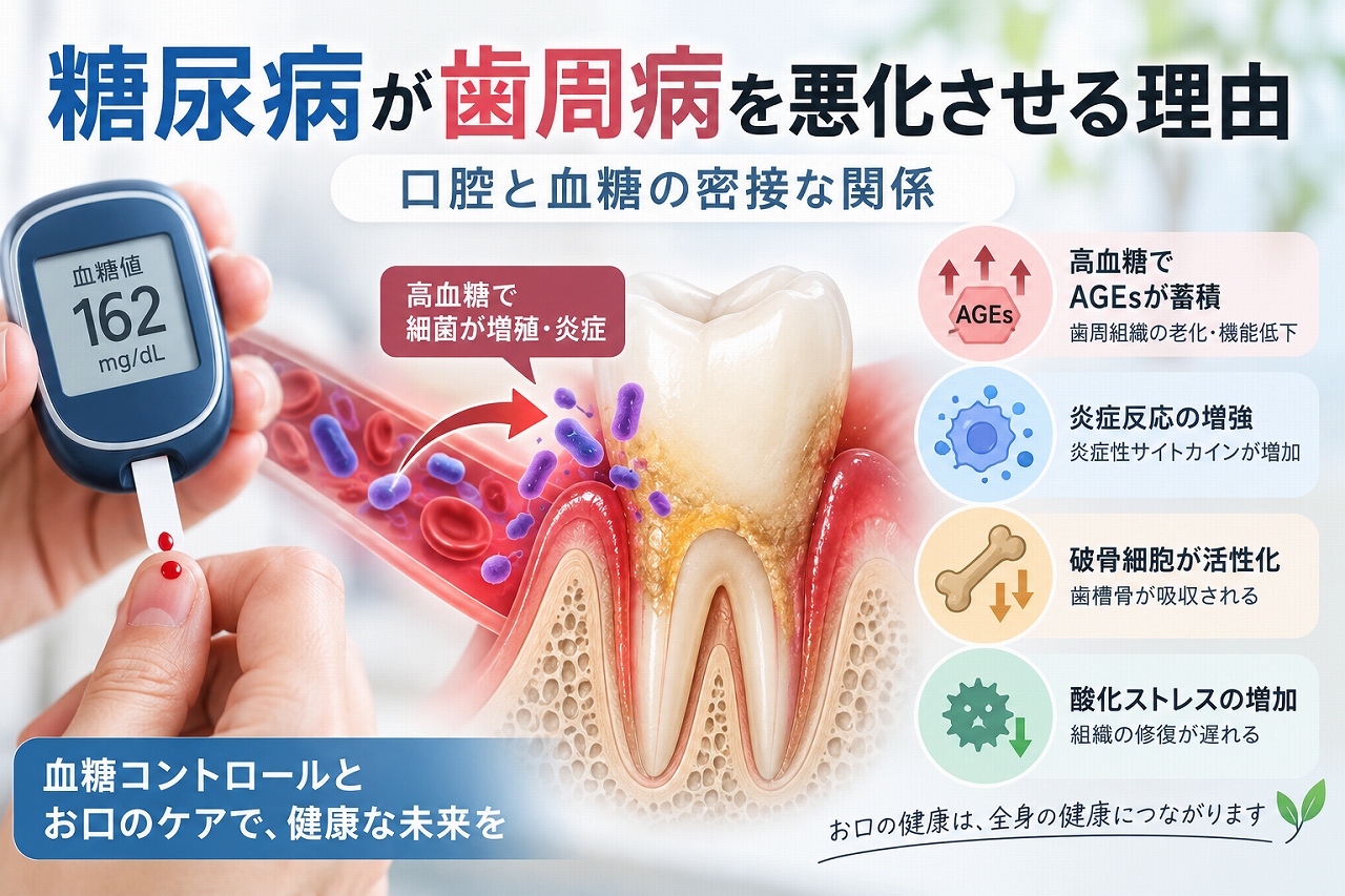 糖尿病による高血糖が歯周病を悪化させる4つのメカニズムを示した医療イラスト。AGEsの蓄積、炎症反応の増強、破骨細胞の活性化、酸化ストレスによる歯周組織の修復遅延を解説。
