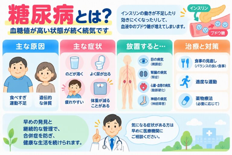 糖尿病とは？血糖値が高くなる原因・症状・合併症・治療法を図解
