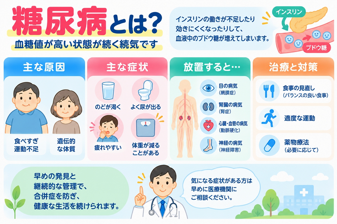 糖尿病の原因や症状、合併症、治療法を解説した医療インフォグラフィック。インスリンの分泌不足や作用の低下によって血糖値が高くなる仕組みを紹介。のどの渇き、頻尿、疲労感、体重減少などの症状と、網膜症、腎症、神経障害、心血管疾患などの合併症、食事療法、運動療法、薬物療法による血糖管理を図解。