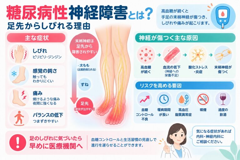 糖尿病性神経障害とは？足先からしびれる原因・症状・進行の仕組みを図解