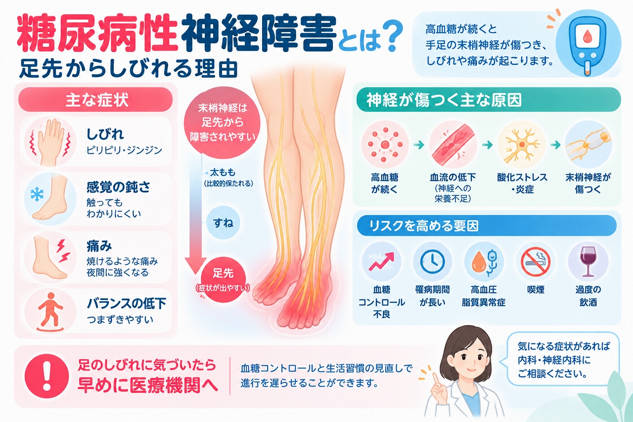糖尿病性神経障害の原因や症状、足先からしびれが現れやすい理由を解説した医療インフォグラフィック。高血糖による末梢神経の障害と、足先から左右対称に広がりやすいしびれ、感覚低下、焼けるような痛み、バランス障害などを図解。血糖管理、生活習慣の改善、早期受診の重要性も紹介。