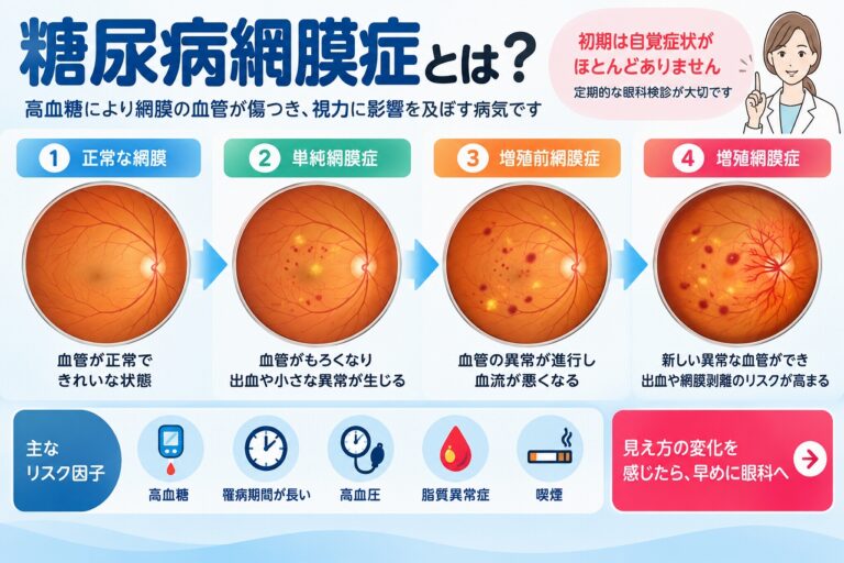 糖尿病網膜症の仕組みと進行を解説したインフォグラフィック。高血糖によって網膜の細い血管が傷つき、出血や血流障害、新生血管などが生じる変化を正常な網膜から増殖糖尿病網膜症まで段階別に紹介