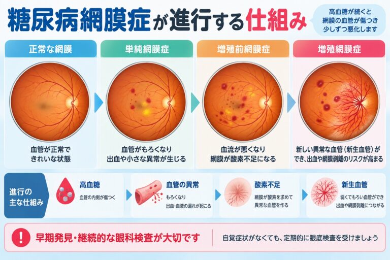 糖尿病網膜症が進行する仕組み｜高血糖から新生血管ができるまで