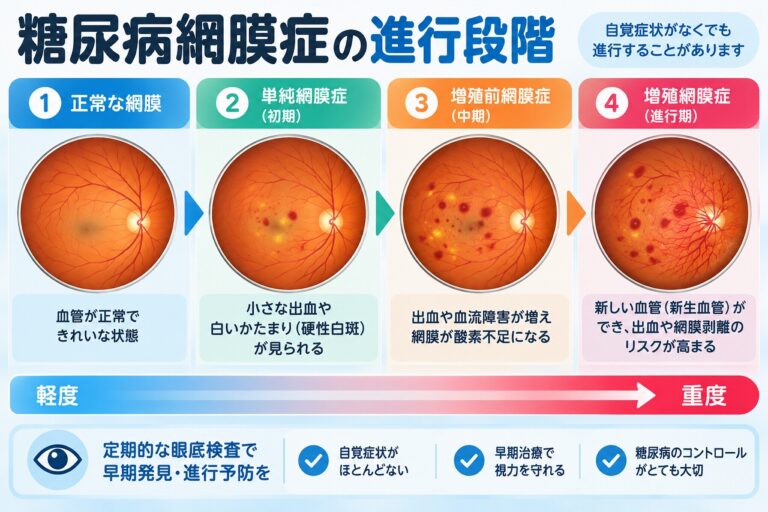糖尿病網膜症の進行段階を比較したインフォグラフィック。正常な網膜から単純糖尿病網膜症、増殖前糖尿病網膜症、増殖糖尿病網膜症へ進行し、出血や血流障害、新生血管などが増えていく変化を解説