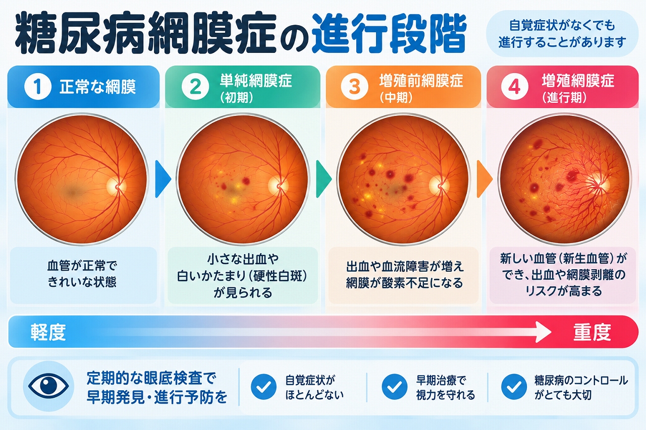 糖尿病網膜症の進行段階を比較したインフォグラフィック。正常な網膜から単純糖尿病網膜症、増殖前糖尿病網膜症、増殖糖尿病網膜症へ進行し、出血や血流障害、新生血管などが増えていく変化を解説