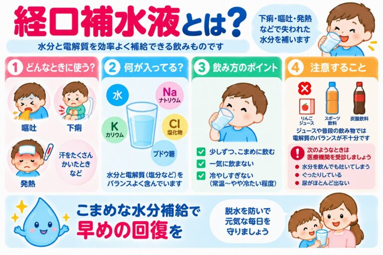 経口補水液（ORS）の働きや成分、正しい飲み方を解説した医療インフォグラフィック。嘔吐、下痢、発熱などで失われた水分と電解質を補給する仕組みを紹介。水、ナトリウム、カリウム、ブドウ糖などの成分と、少量ずつこまめに飲む方法、スポーツ飲料との違い、脱水症状が強い場合の受診の目安を図解。