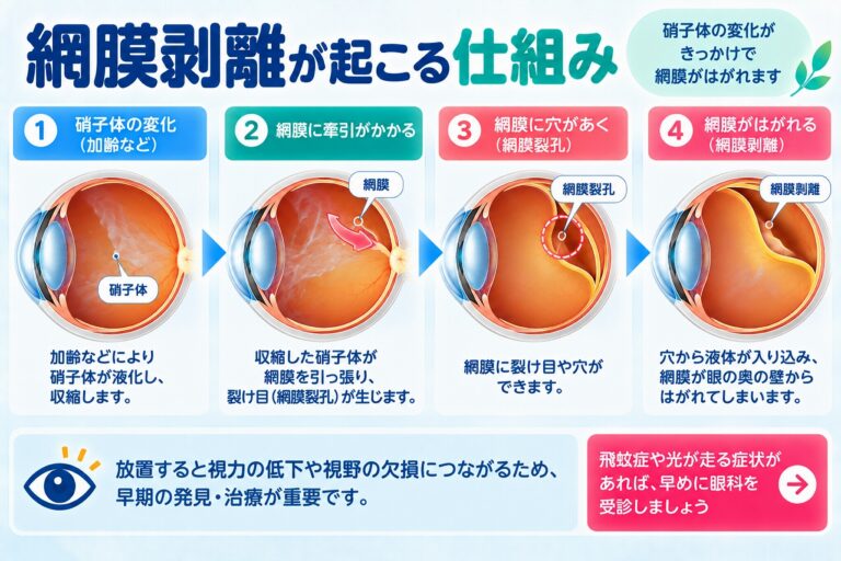網膜剥離が起こる仕組みを解説したインフォグラフィック。加齢などによる硝子体の変化で網膜が引っ張られ、網膜裂孔が生じ、裂け目から液体が入り込むことで網膜が眼球壁から剥がれていく流れを紹介