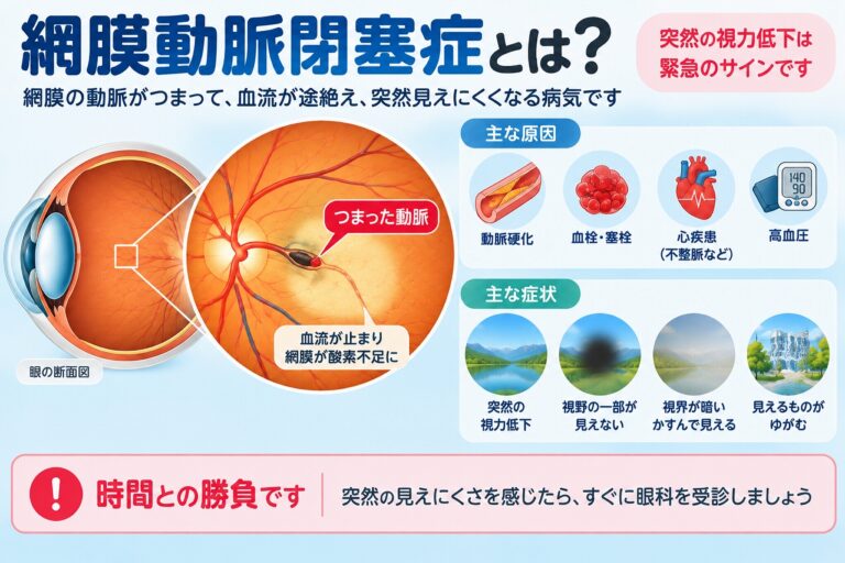 網膜動脈閉塞症の原因や症状を解説したインフォグラフィック。網膜の動脈が血栓や塞栓などで詰まり、血流が途絶えて網膜が酸素不足となり、突然の視力低下や視野欠損などが起こる仕組みを紹介