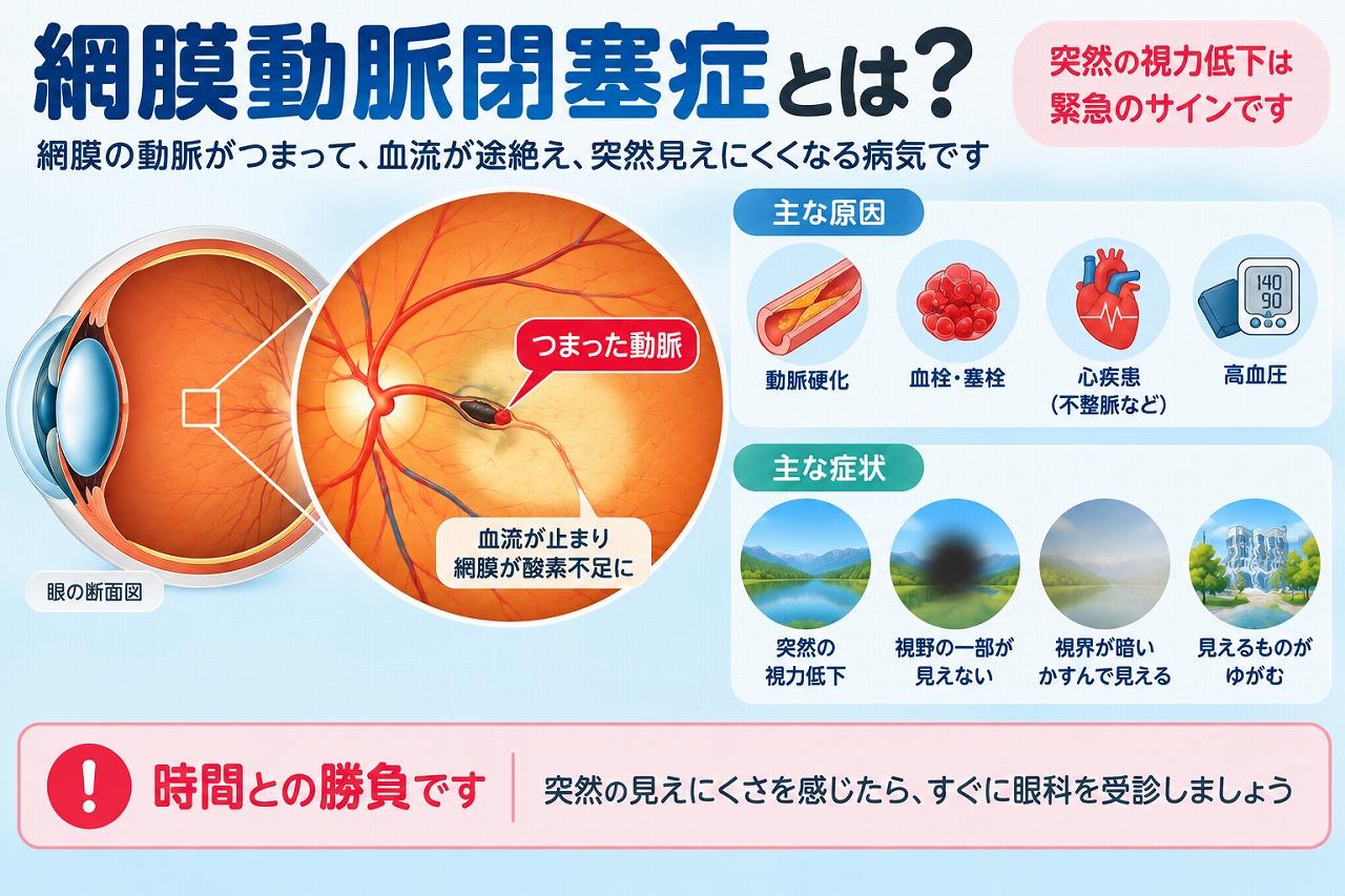 網膜動脈閉塞症の原因や症状を解説したインフォグラフィック。網膜の動脈が血栓や塞栓などで詰まり、血流が途絶えて網膜が酸素不足となり、突然の視力低下や視野欠損などが起こる仕組みを紹介