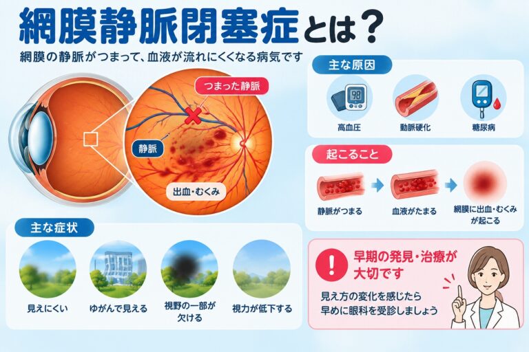 網膜静脈閉塞症の原因や症状を解説したインフォグラフィック。網膜の静脈が詰まって血液が流れにくくなり、網膜に出血やむくみが生じる仕組みと、かすみ、ゆがみ、視野欠損、視力低下などの症状を紹介