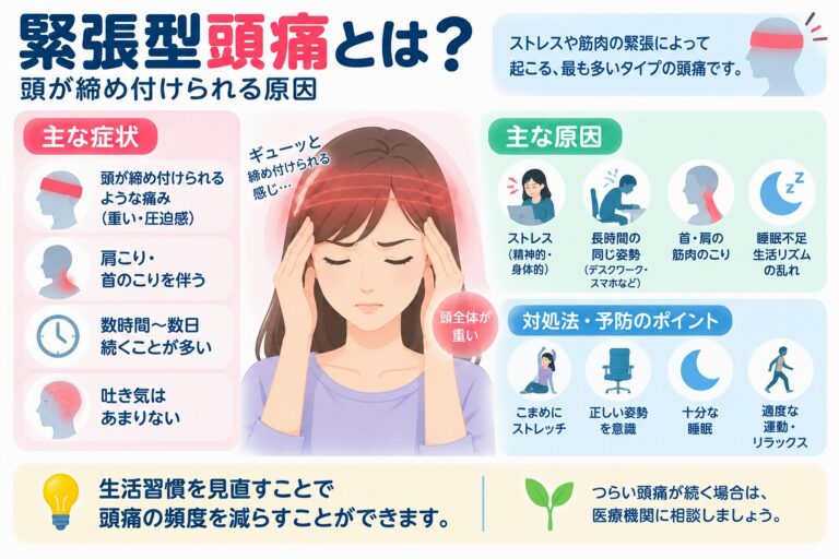 緊張型頭痛とは？頭が締め付けられる原因・症状・対処法を図解