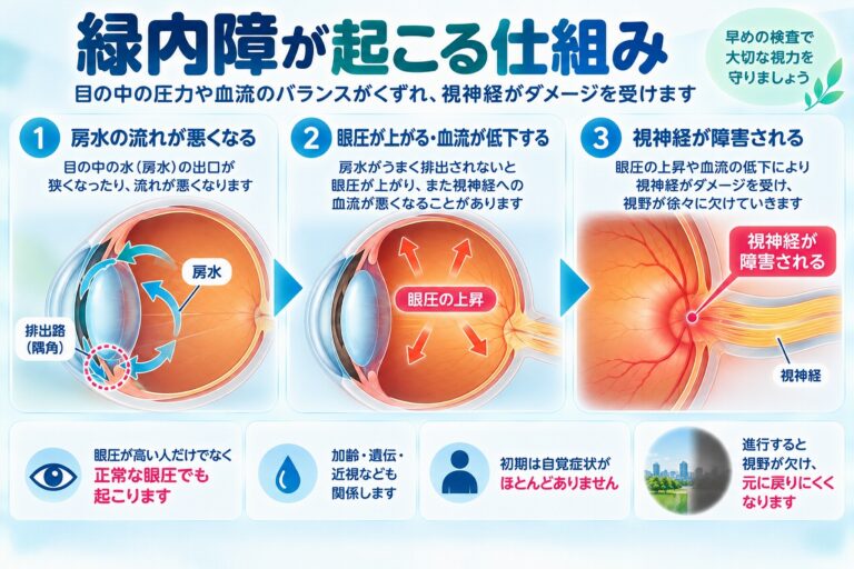 緑内障が起こる仕組み｜眼圧や血流の影響で視神経が障害される理由