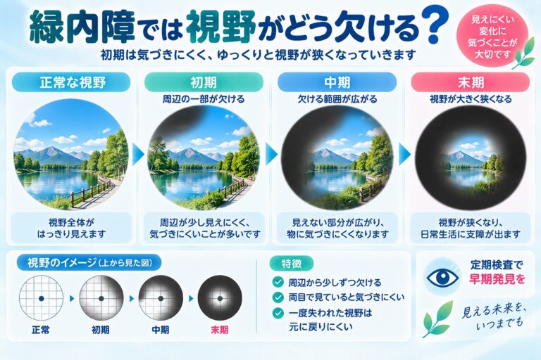 緑内障では視野がどう欠ける？｜初期・中期・末期の見え方を比較