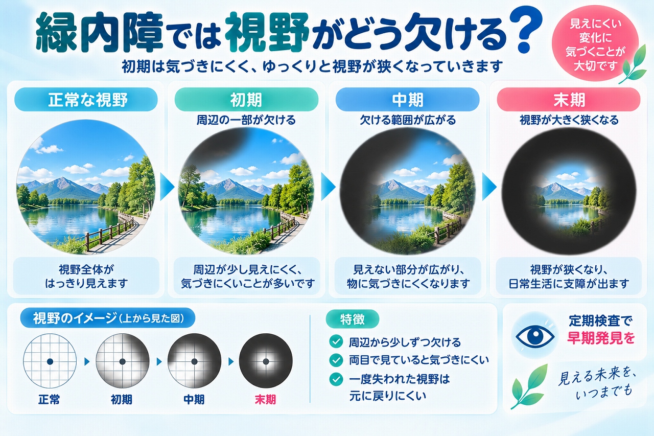 緑内障による視野の欠け方を正常・初期・中期・末期で比較したインフォグラフィック。初期は視野の一部が見えにくくなり、進行すると見えない範囲が広がって視野が狭くなる変化を解説