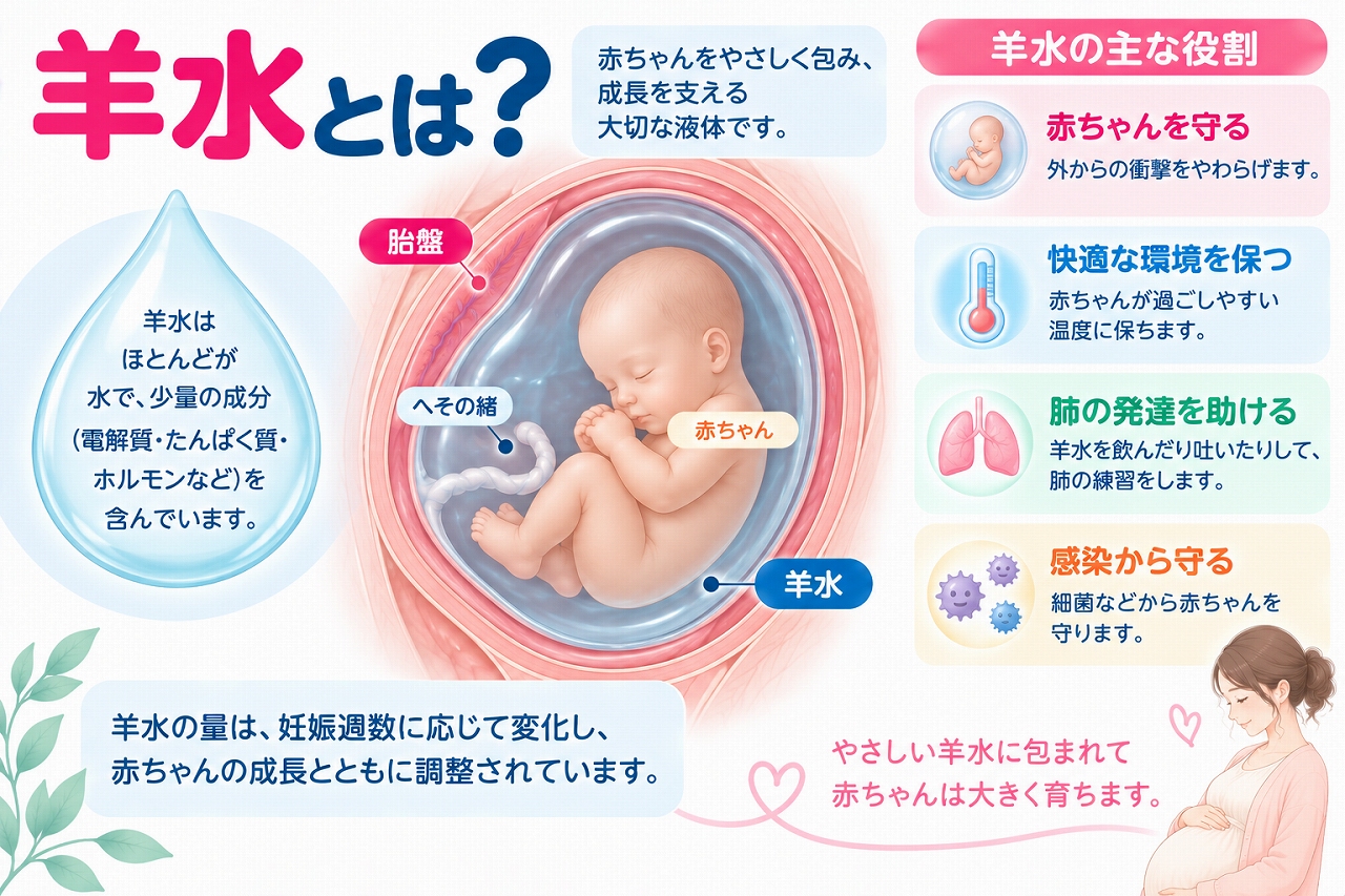 羊水の役割と仕組みを解説したインフォグラフィック。子宮内で赤ちゃんを包む羊水について、外からの衝撃をやわらげる、温度を保つ、胎児の肺の発達を助けるなど、妊娠中の赤ちゃんの成長を支える主な働きを紹介