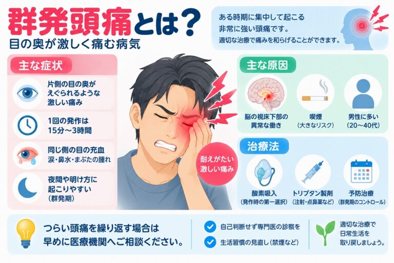 群発頭痛とは？目の奥が激しく痛む原因・症状・治療法を図解