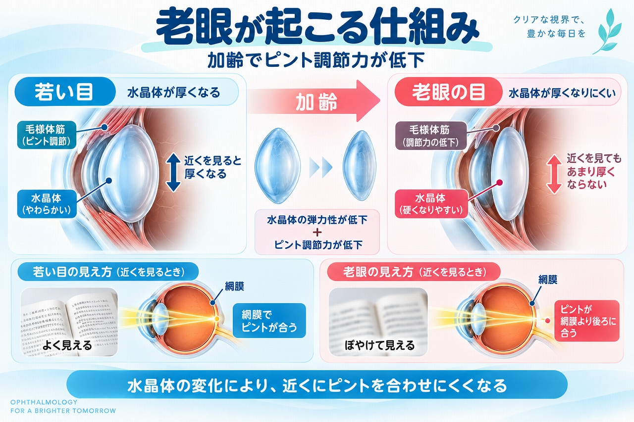 老眼が起こる仕組みを解説したインフォグラフィック。加齢によって水晶体の弾力性やピント調節力が低下し、水晶体が厚くなりにくくなることで近くにピントを合わせにくくなる流れを若い目と比較