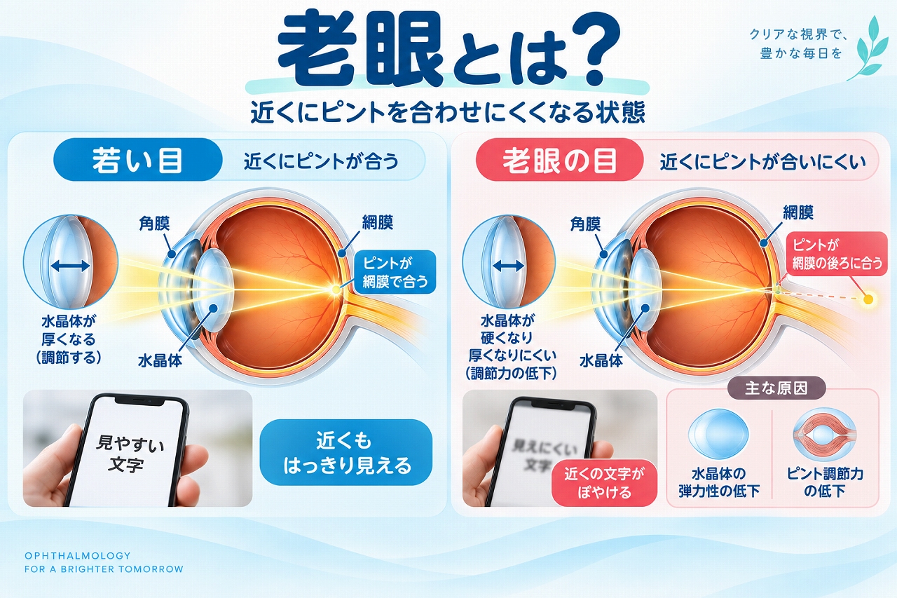 老眼の仕組みを若い目と比較したインフォグラフィック。加齢により水晶体の弾力性やピント調節力が低下し、近くにピントを合わせにくくなって文字がぼやける仕組みを解説