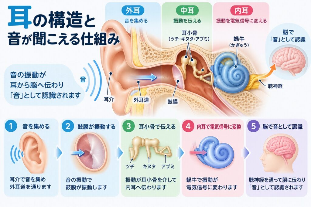 耳の構造と音が聞こえる仕組み｜外耳・中耳・内耳から脳へ伝わるまで