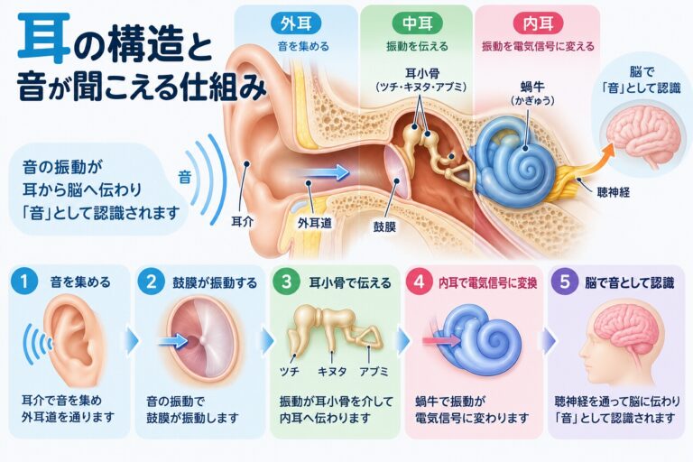 耳の構造と音が聞こえる仕組み｜外耳・中耳・内耳から脳へ伝わるまで