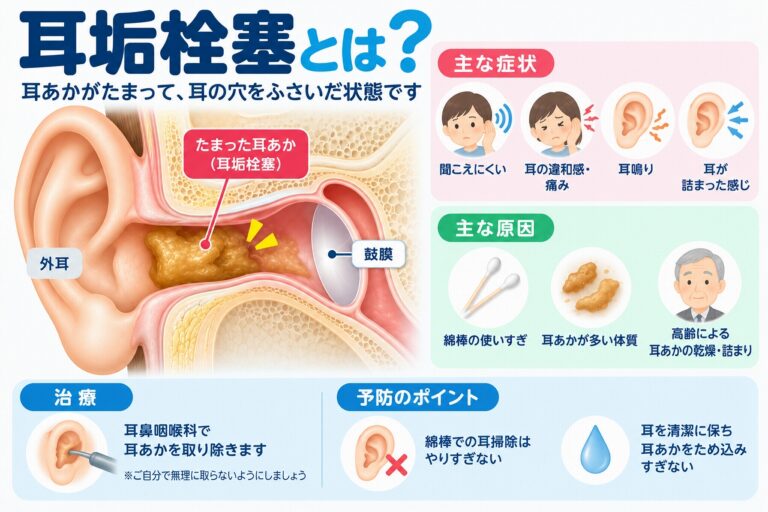 耳垢栓塞の原因や症状を解説したインフォグラフィック。耳垢が外耳道にたまって耳をふさぎ、聞こえにくさ、耳の詰まり感、耳鳴り、違和感などが起こることや、綿棒による耳掃除のしすぎなどの原因と対処法を紹介