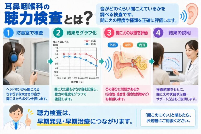 耳鼻咽喉科で行う聴力検査を解説したインフォグラフィック。防音室でヘッドホンから聞こえる音に反応する検査方法、聴力を表すオージオグラム、外耳・中耳・内耳の状態や難聴の種類を評価する流れを紹介