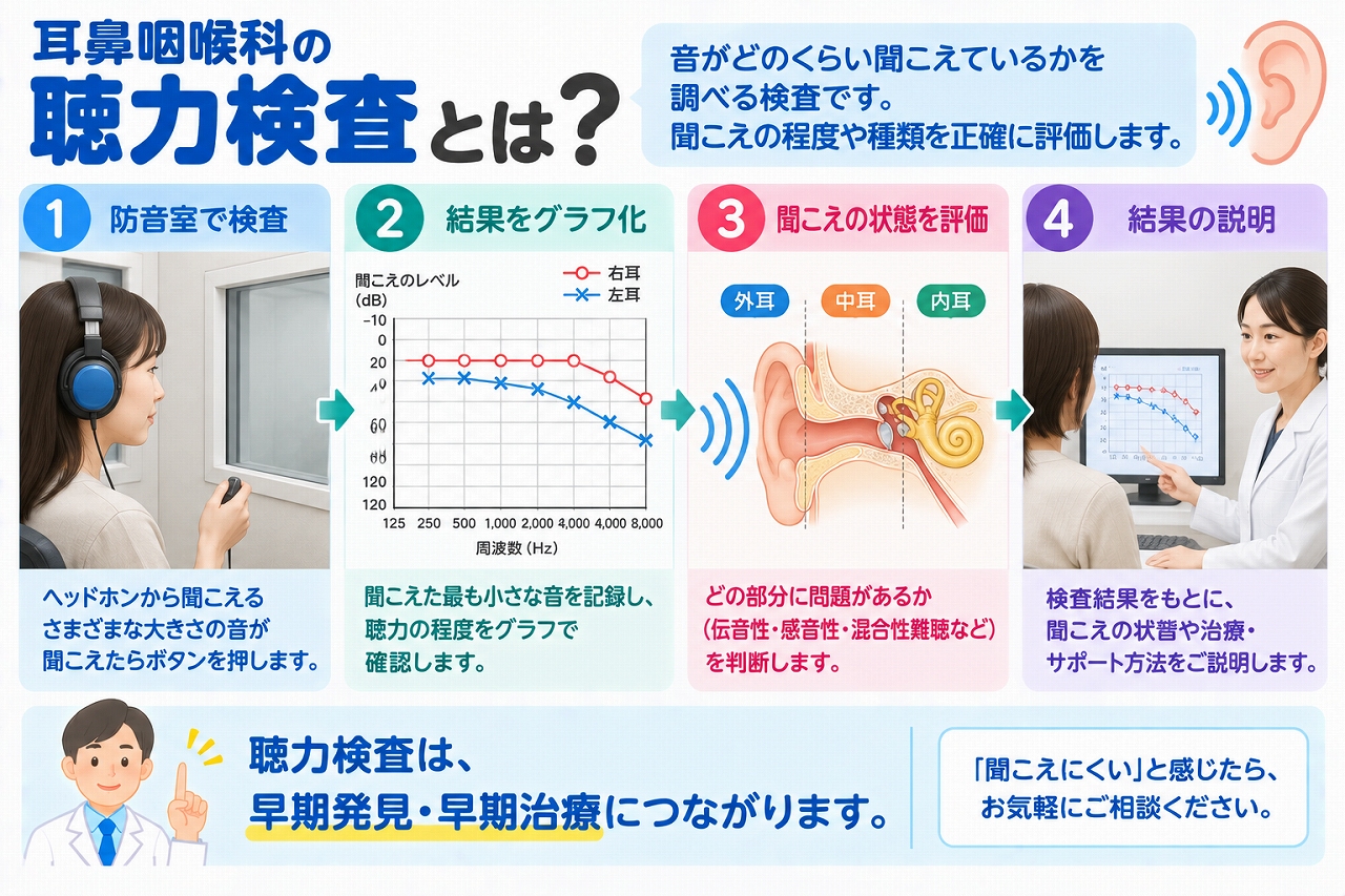 耳鼻咽喉科で行う聴力検査を解説したインフォグラフィック。防音室でヘッドホンから聞こえる音に反応する検査方法、聴力を表すオージオグラム、外耳・中耳・内耳の状態や難聴の種類を評価する流れを紹介