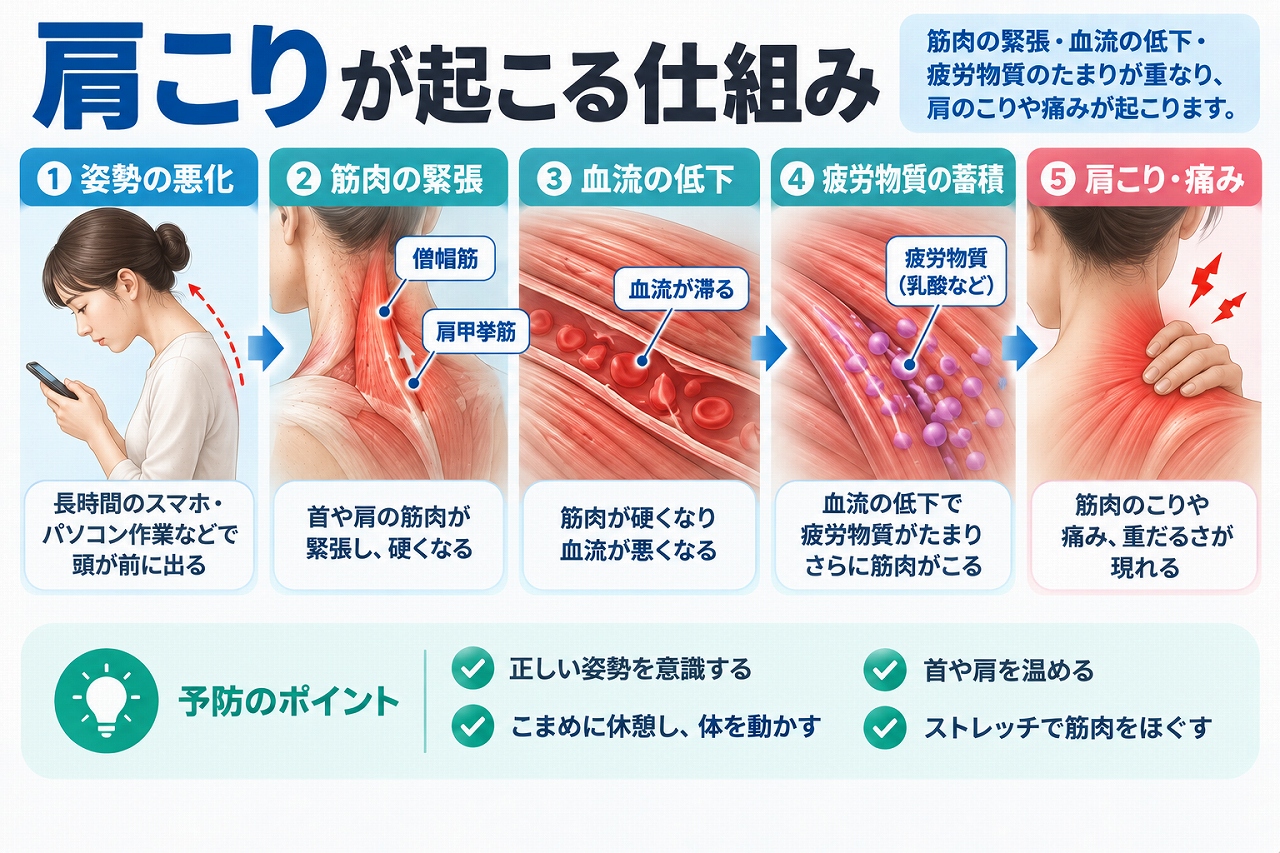 肩こりが起こる仕組みを、長時間のスマホやパソコン作業などによる姿勢の悪化、首や肩の筋肉の緊張、血流低下などが重なり、肩のこり・痛み・重だるさにつながる流れで示した図