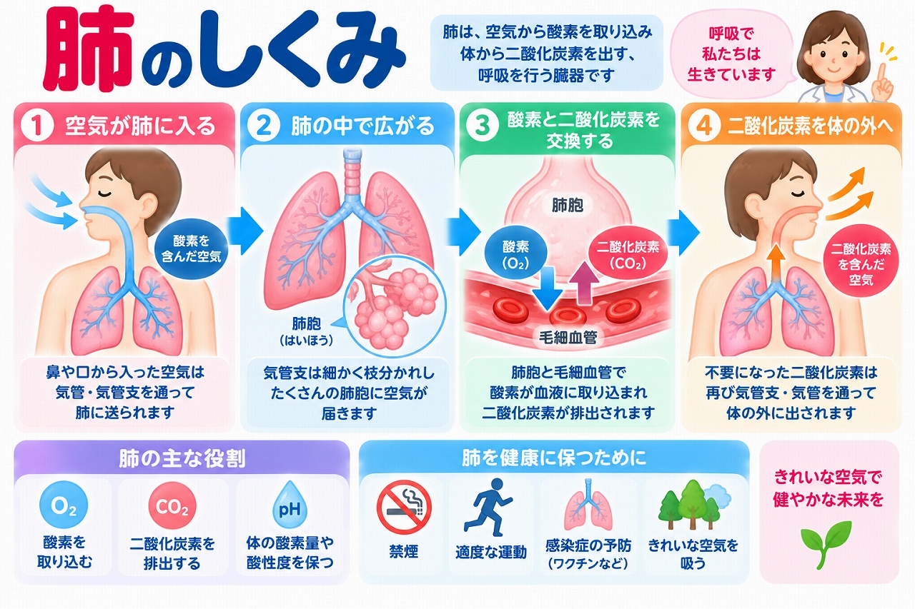 肺のしくみと呼吸の流れを解説した医療インフォグラフィック。鼻や口から吸い込んだ空気が気管・気管支を通って肺胞に届き、酸素が血液に取り込まれ、二酸化炭素が排出される仕組みを4段階で図解。肺胞と毛細血管でのガス交換、肺の主な役割、禁煙や適度な運動など肺の健康を守る方法を紹介。