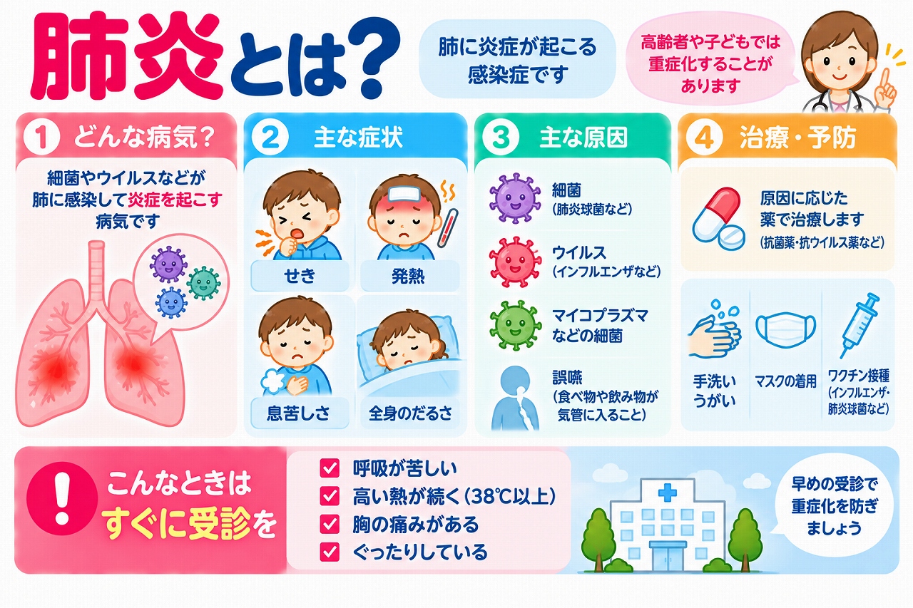 肺炎の原因や症状、治療・予防方法を解説した医療インフォグラフィック。細菌やウイルスなどによって肺に炎症が起こる仕組みをイラストで紹介。咳、発熱、息苦しさ、全身のだるさなどの症状と、肺炎球菌、インフルエンザウイルス、マイコプラズマ、誤嚥などの原因、薬物療法、手洗い、ワクチン接種、受診の目安を図解。