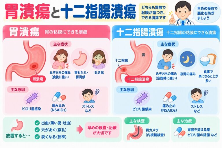 胃潰瘍と十二指腸潰瘍の違いとは？症状・原因・検査・治療法を図解