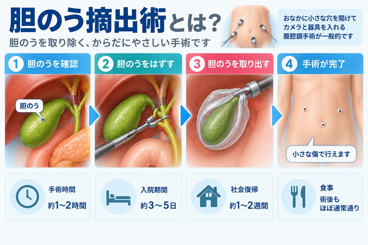 胆のう摘出術について、腹腔鏡で胆のうを確認し、胆のう管などを処理して肝臓から胆のうを切り離し、体外へ取り出すまでの手術の流れを示した図