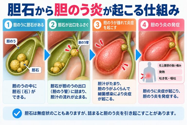 胆石から胆のう炎が起こる仕組み｜胆石が胆のう管を塞いで炎症を起こす流れ
