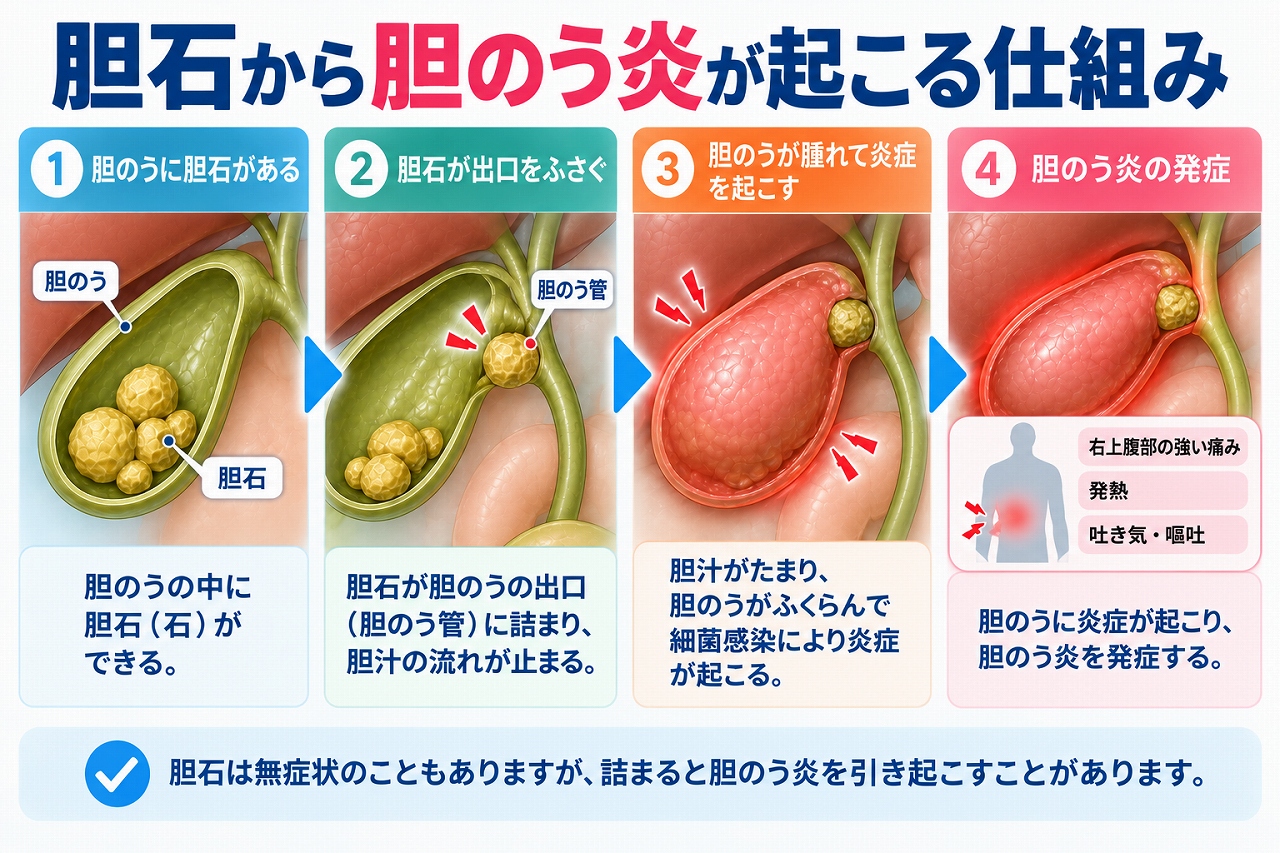 胆石から胆のう炎が起こる仕組みを、胆のう内の胆石が胆のう管に詰まり、胆汁の流れが妨げられて胆のうが腫れ、炎症を起こすまでの流れで示した図