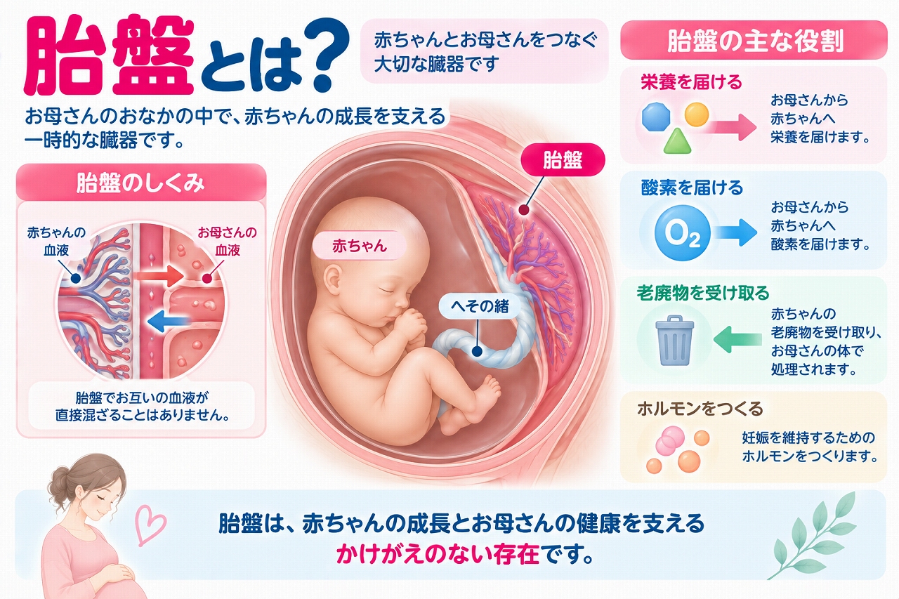 胎盤の仕組みと役割を解説したインフォグラフィック。胎盤とへその緒で母体と赤ちゃんがつながり、酸素や栄養を届ける、老廃物を受け取る、妊娠を維持するホルモンをつくるなど、胎盤の主な働きを紹介