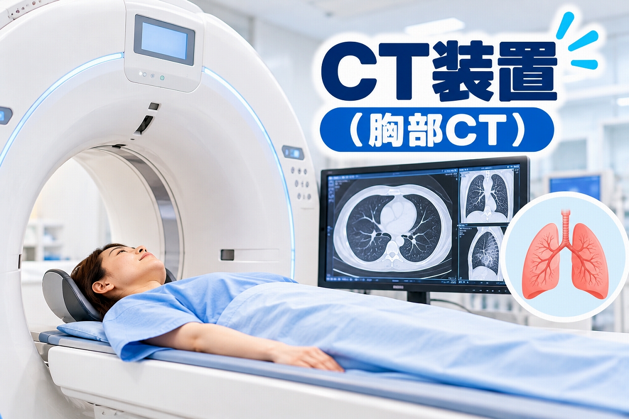 CT装置（胸部CT）の医療用アイキャッチ画像。病院のCT撮影室で女性患者が検査台に横たわり、胸部CT検査を受ける様子を描いている。モニターには肺や気管支、心臓などの胸部CT断面画像が表示され、肺のイラストとともに胸部CTによる画像診断の特徴を紹介している。
