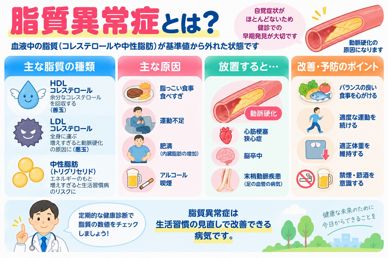 脂質異常症の原因や健康への影響、改善・予防方法を解説した医療インフォグラフィック。LDLコレステロール、HDLコレステロール、中性脂肪の役割と、脂っこい食事、運動不足、肥満、飲酒などの関連要因を紹介。動脈硬化による心筋梗塞、脳卒中、末梢動脈疾患のリスクと、食事改善、運動、体重管理、禁煙などの対策を図解。