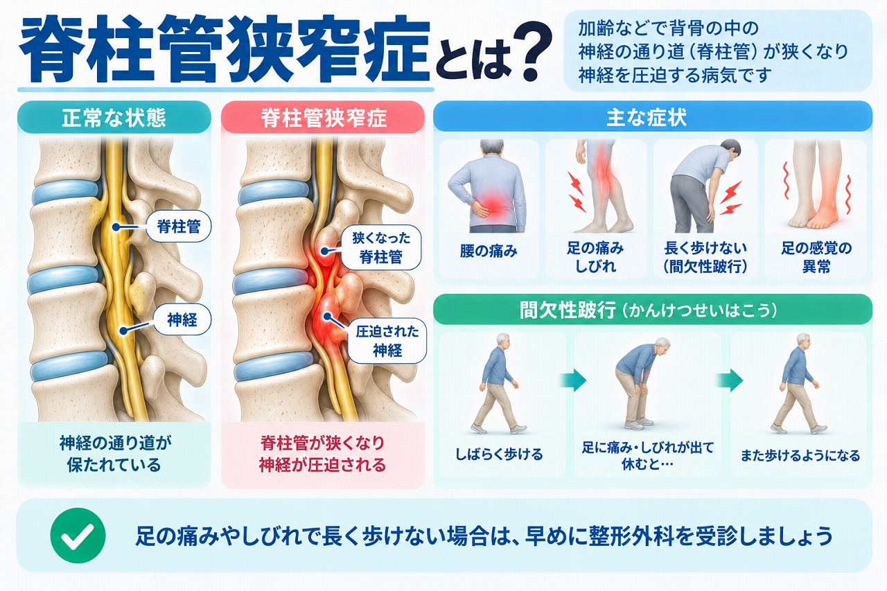 脊柱管狭窄症とは、加齢などによって脊柱管が狭くなり神経が圧迫される病気で、腰痛・足の痛みやしびれ・感覚異常・間欠性跛行などの主な症状を示した図